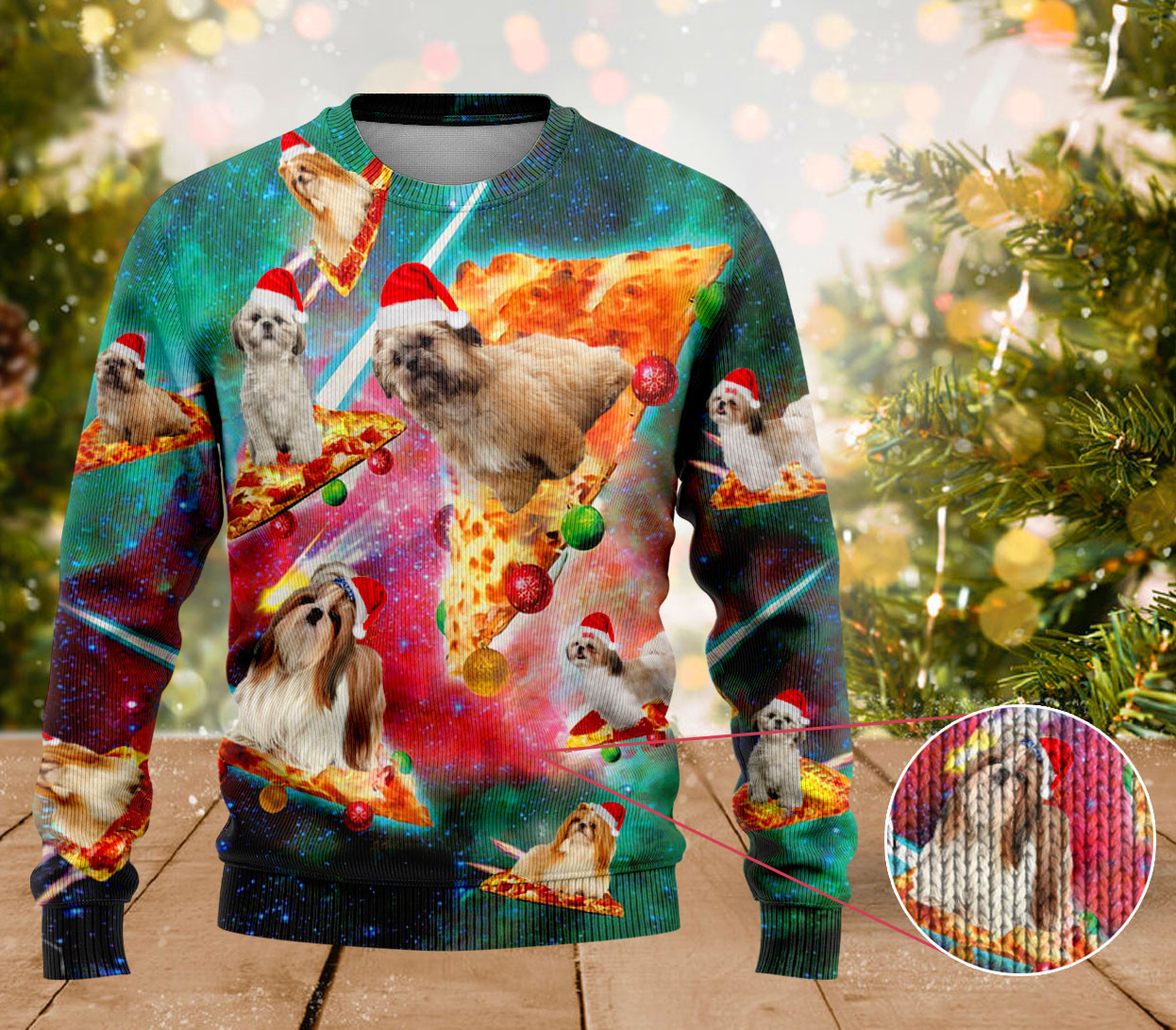 Shih Tzu Dog Pizza Ugly Xmas Sweater Cute Christmas Jumpers Womens Pet Lovers Gifts