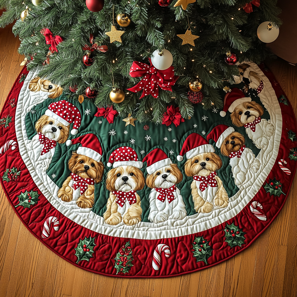Shih Tzu Holiday Joy Christmas Quilted Tree Skirt Exclusive Holiday Tree Skirt Gift for Families