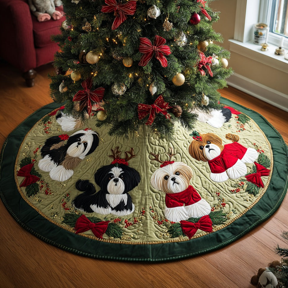 Shih Tzu Magic Christmas Quilted Tree Skirt Xmas Indoor Decorations Perfect Gift For Dog Lovers