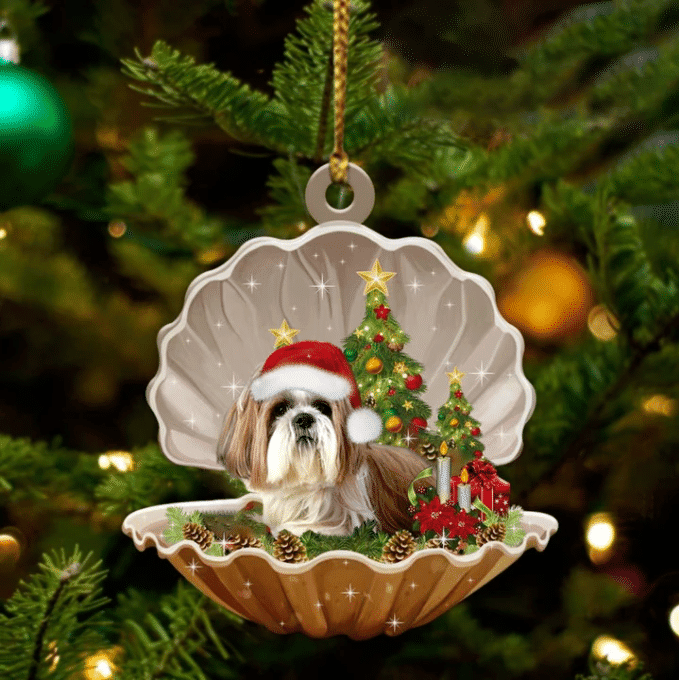Shih Tzu Sleeping in Pearl Dog Christmas Ornament Flat Acrylic
