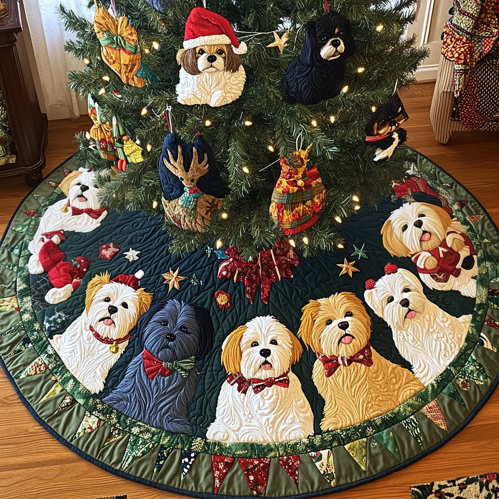 Shih Tzu Sleigh Bells Christmas Quilted Tree Skirt Trending Christmas Tree Skirt Merch 2025