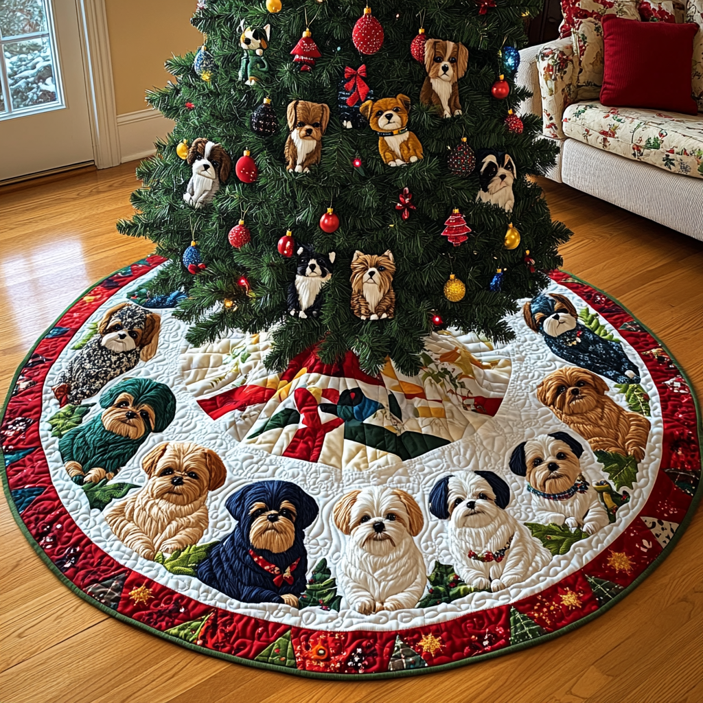 Shih Tzu Under The Tree Christmas Quilted Tree Skirt Magical Christmas Tree Skirt to Impress Guests