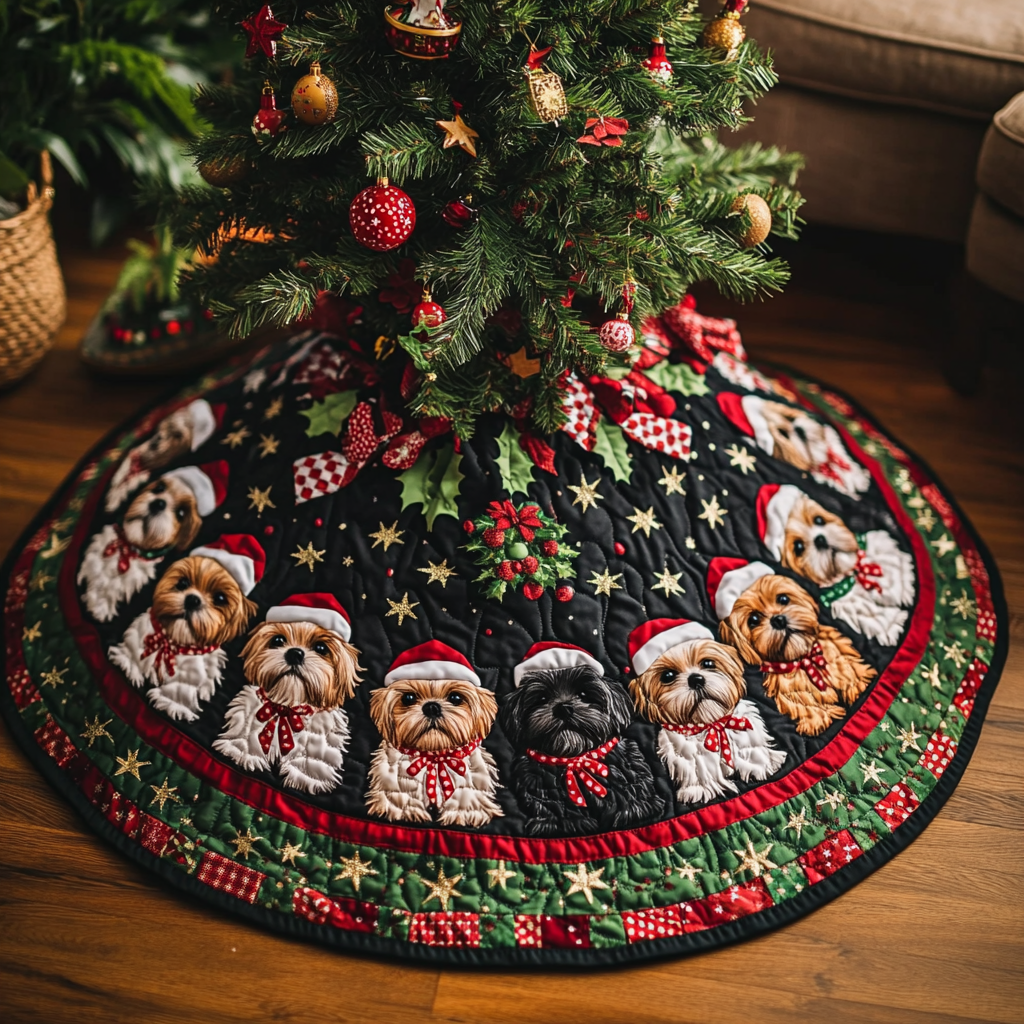 Shih Tzu Xmas Joy Christmas Quilted Tree Skirt Luxury Christmas Tree Skirt for Elegant Homes