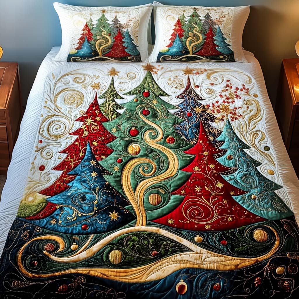 Shimmering Evergreen Tales Quilted Bedding Set King Bedspread Good Xmas Gifts For Her