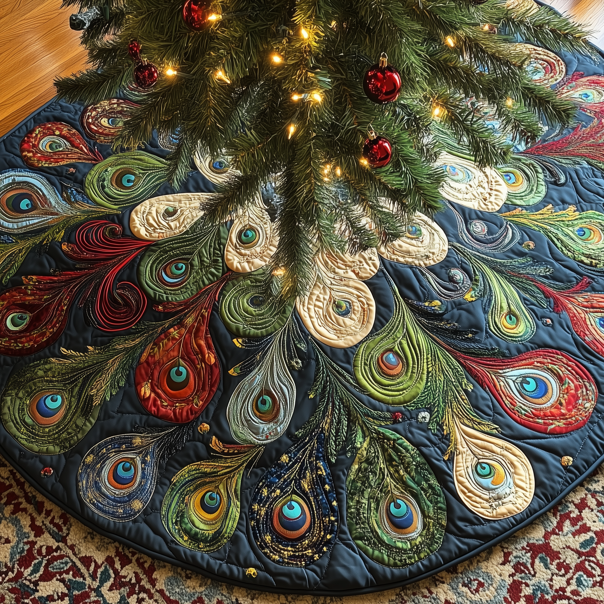 Shimmering Peacock Quilted Tree Skirt Best Xmas Tree Skirts Indoor Peacock Christmas Decorations