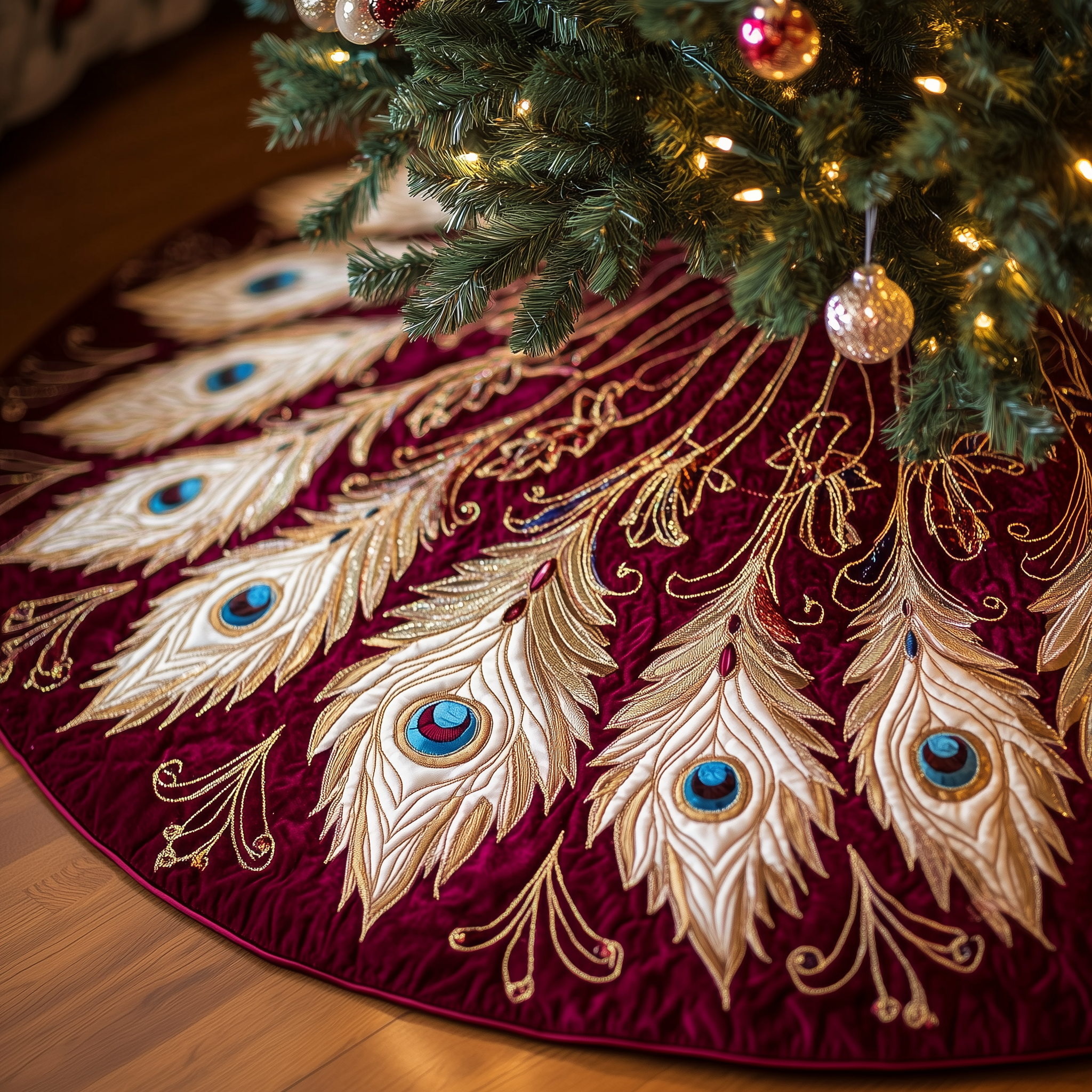 Shimmering Peacock Quilted Tree Skirt Charming Tree Skirt Gift Idea