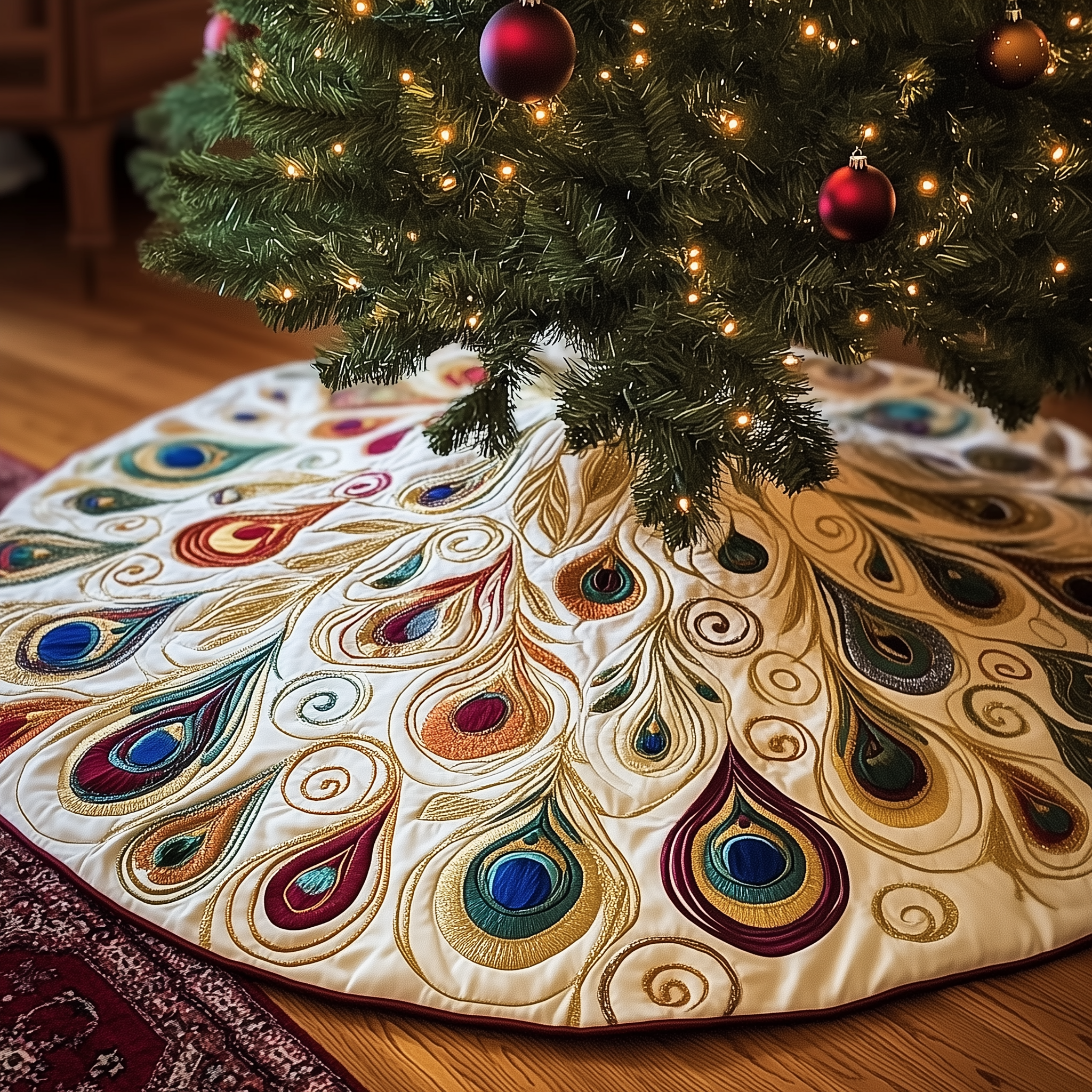 Shimmering Peacock Quilted Tree Skirt Christmas Xmas Tree Base Cover Decorations Peacock Themed Gift