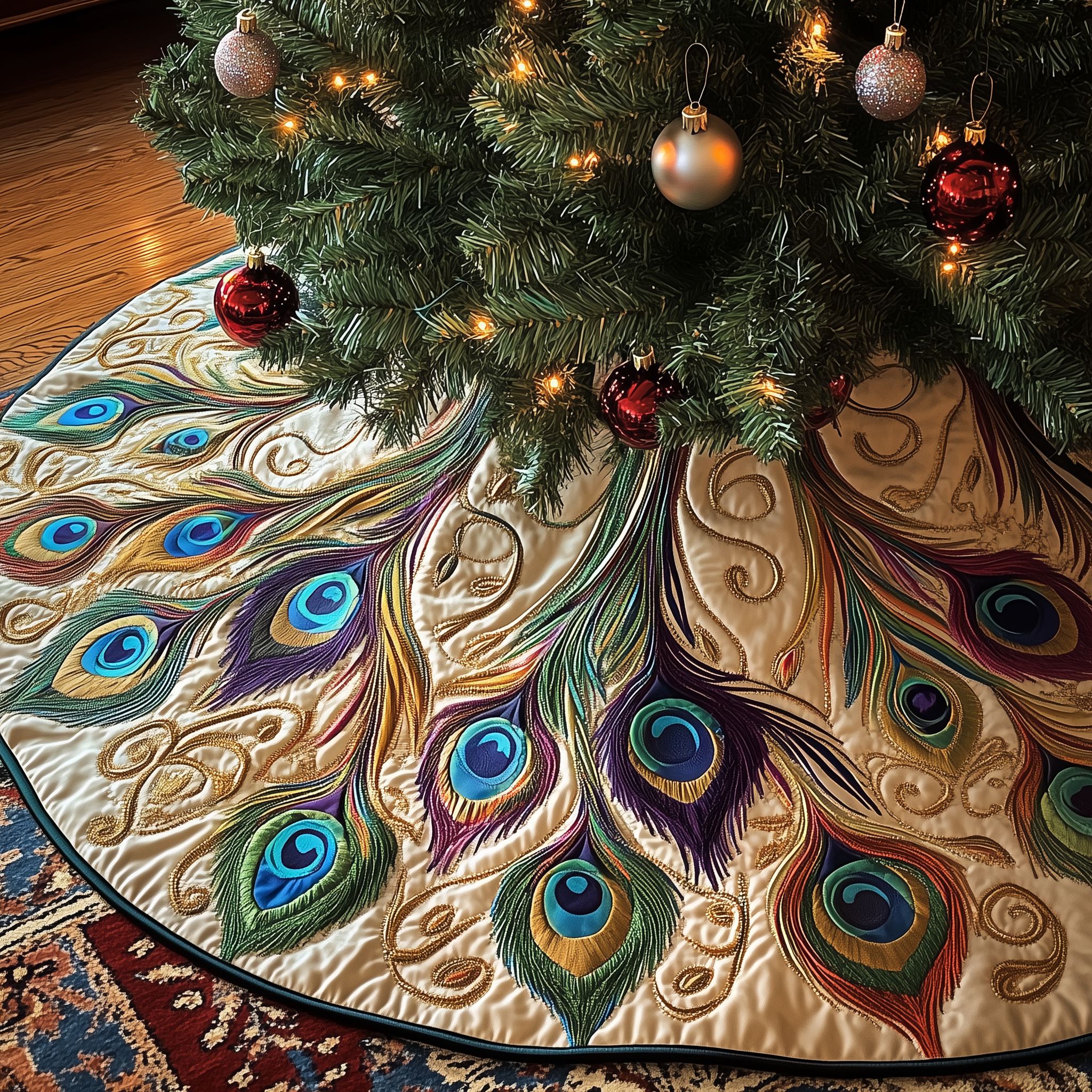 Shimmering Peacock Quilted Tree Skirt Christmas Xmas Tree Base Cover Decorations Peacock Themed Gift