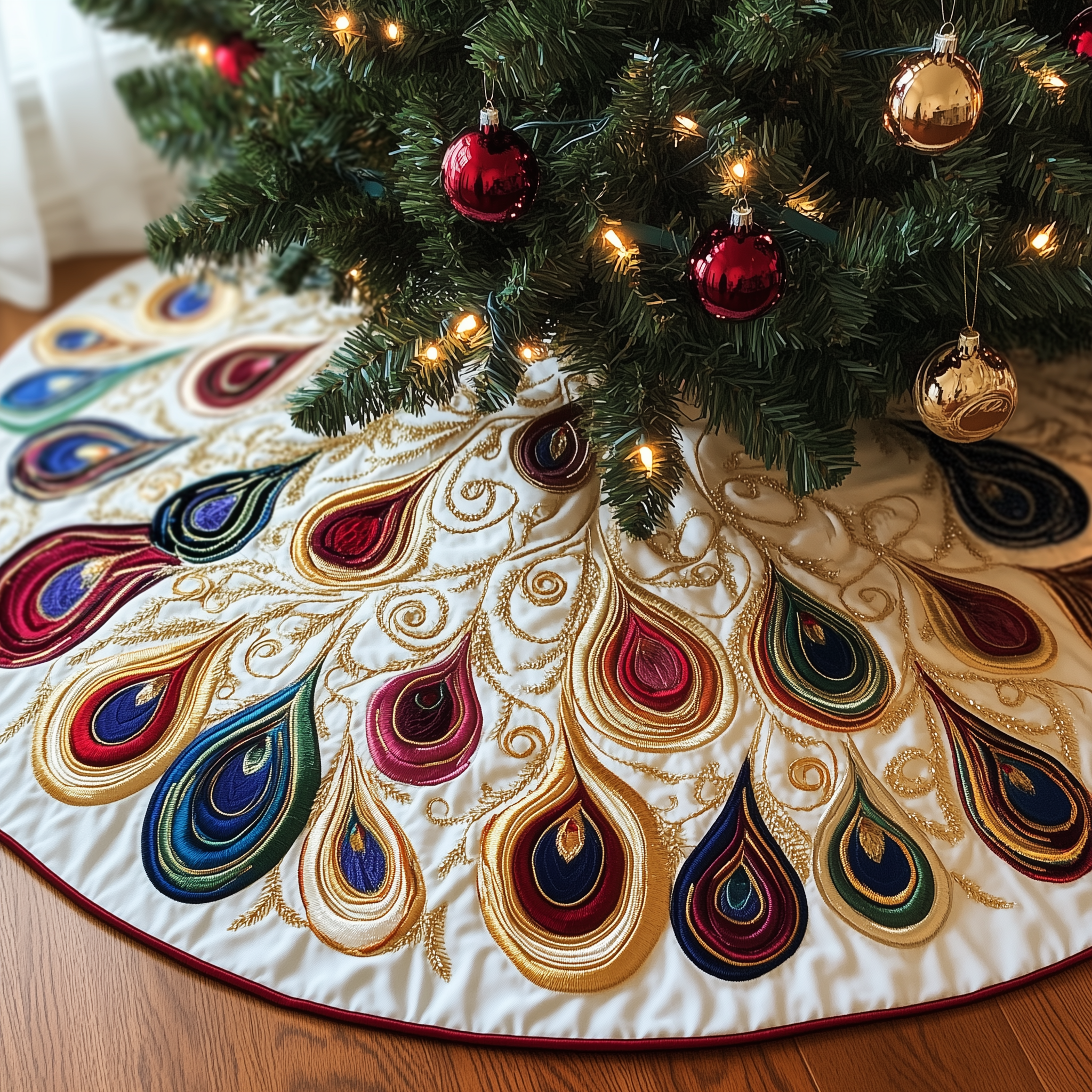 Shimmering Peacock Quilted Tree Skirt Christmas Xmas Tree Base Cover Decorations Peacock Themed Gift