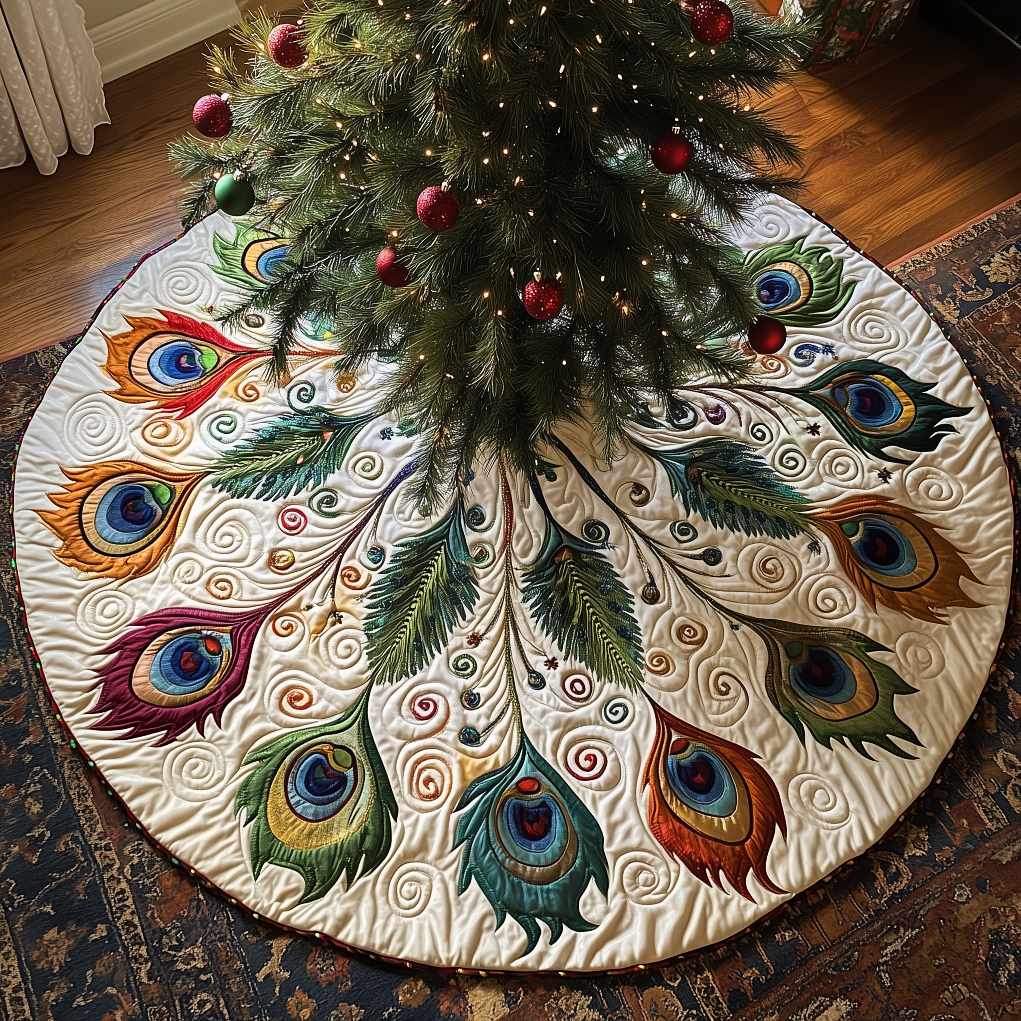 Shimmering Peacock Quilted Tree Skirt Christmas Xmas Tree Base Cover Decorations Peacock Themed Gift