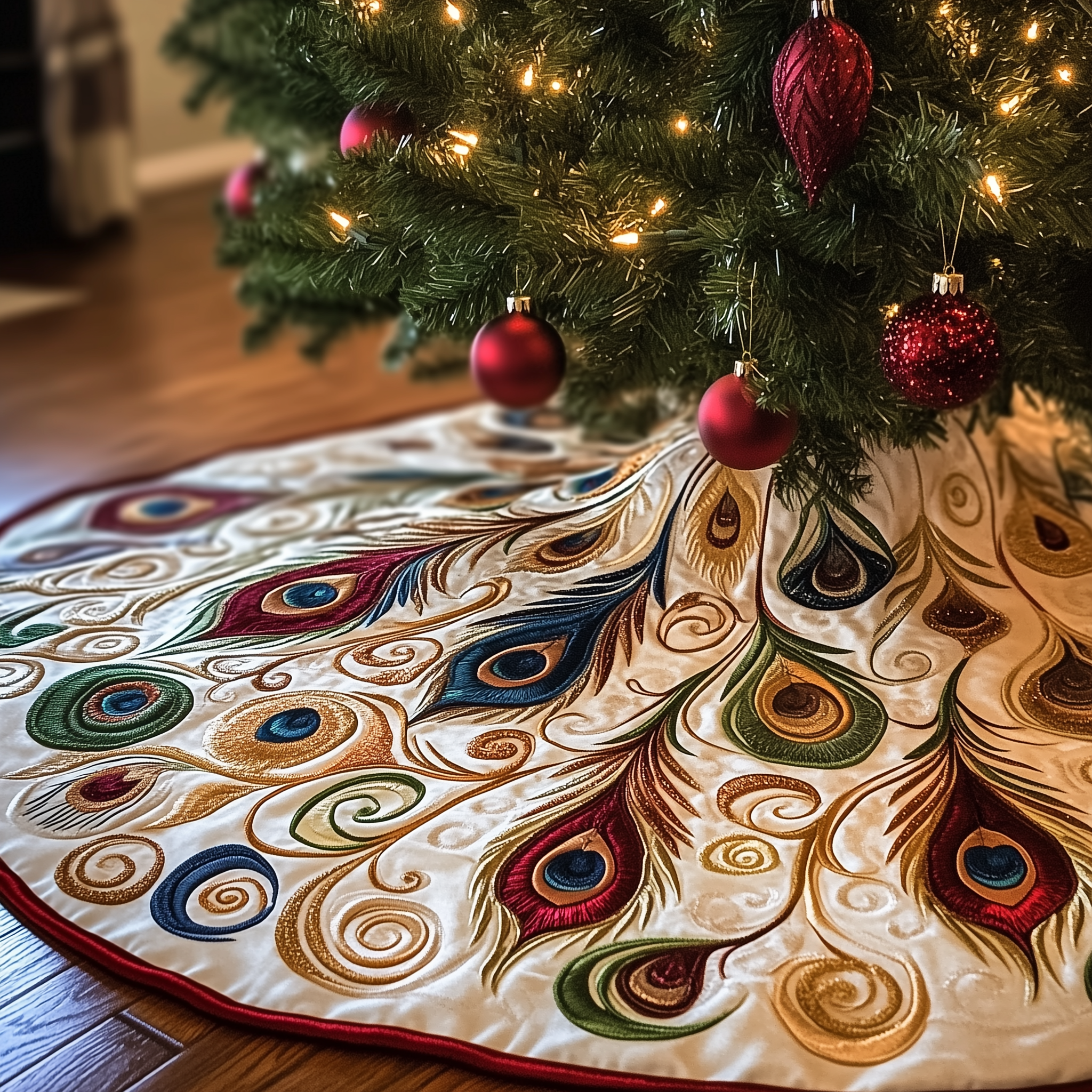 Shimmering Peacock Quilted Tree Skirt Christmas Xmas Tree Base Cover Decorations Peacock Themed Gift