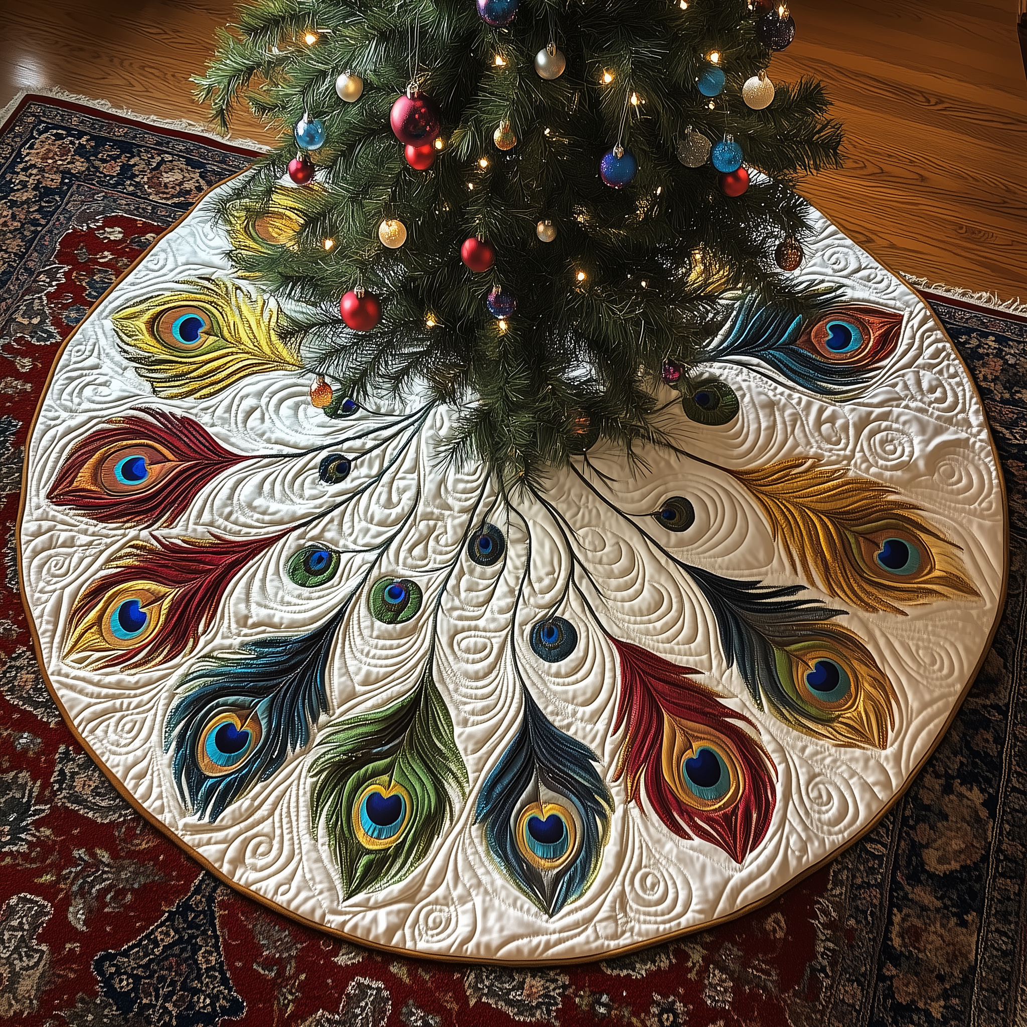 Shimmering Peacock Quilted Tree Skirt Christmas Xmas Tree Base Cover Decorations Peacock Themed Gift