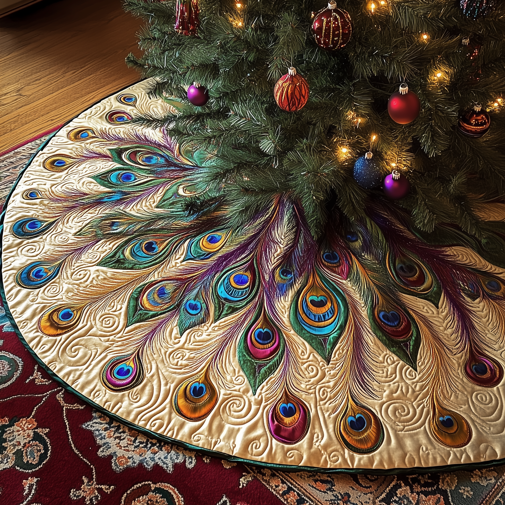 Shimmering Peacock Quilted Tree Skirt Cozy Home Decor Gift Merch