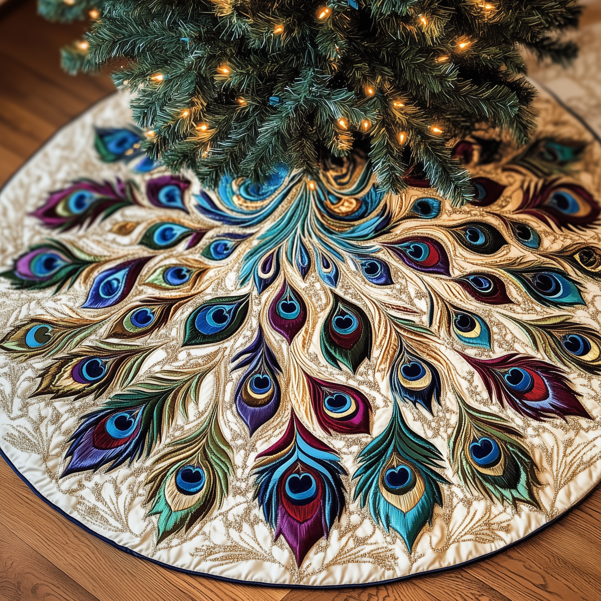 Shimmering Peacock Quilted Tree Skirt Cozy Tree Skirt For Holiday Decor