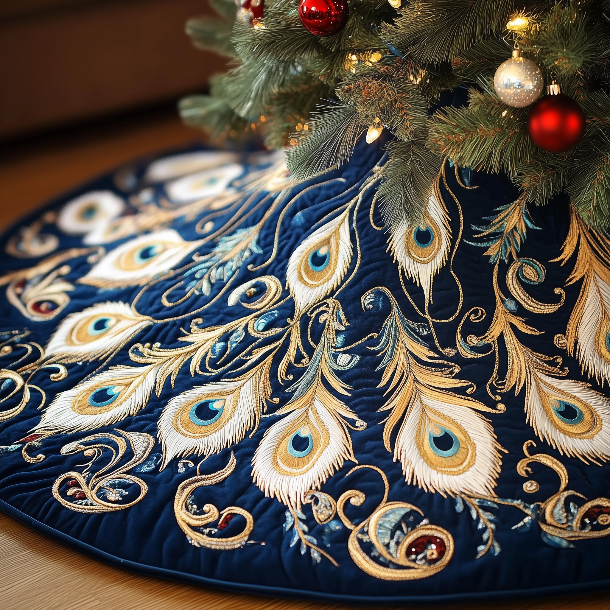 Shimmering Peacock Quilted Tree Skirt Elegant Christmas Tree Decor Merch