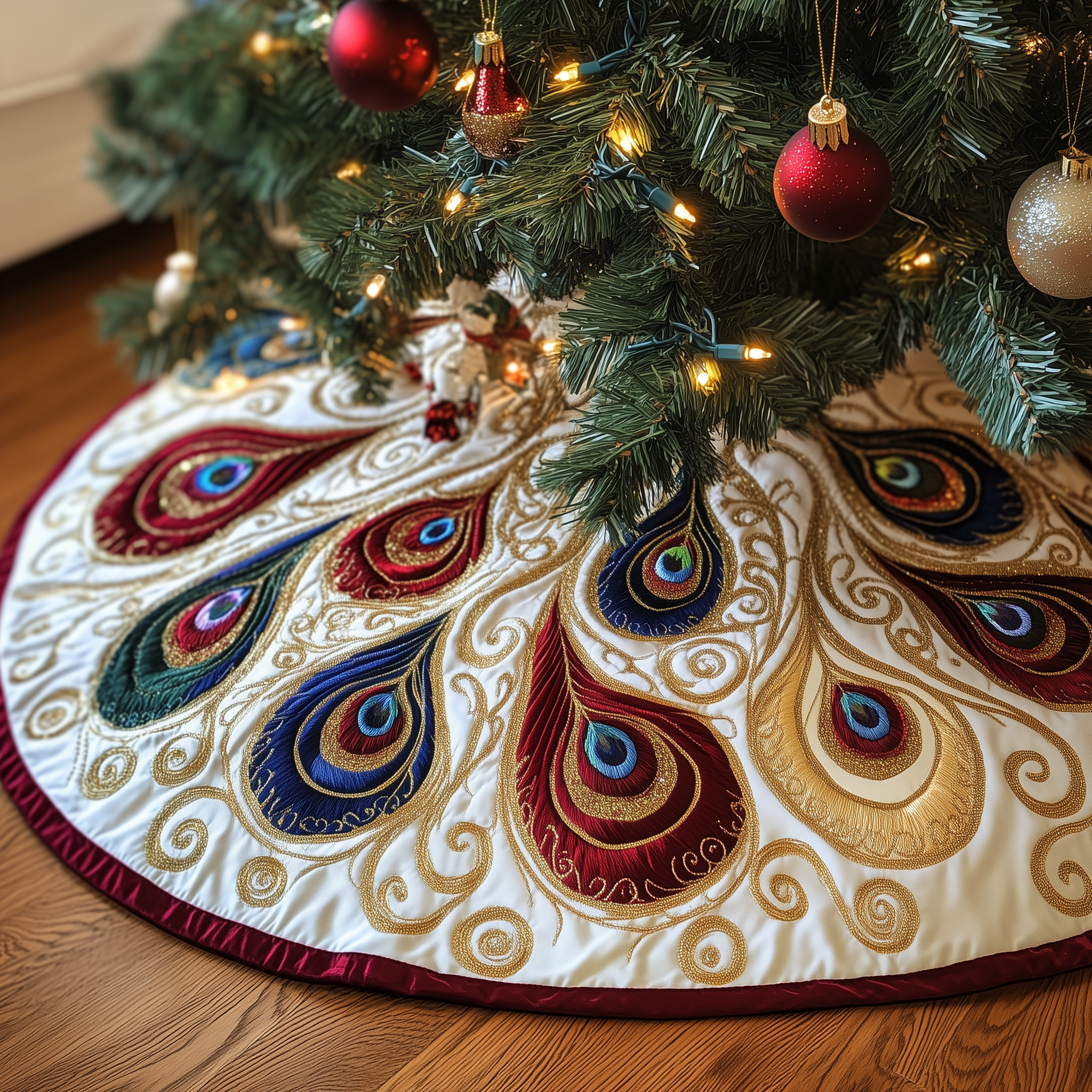 Shimmering Peacock Quilted Tree Skirt Festive Living Room Merch
