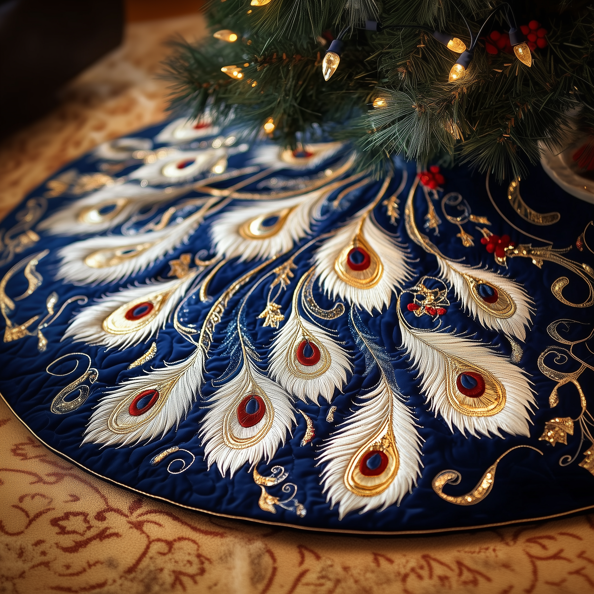 Shimmering Peacock Quilted Tree Skirt Festive Tree Skirt Gift Choice