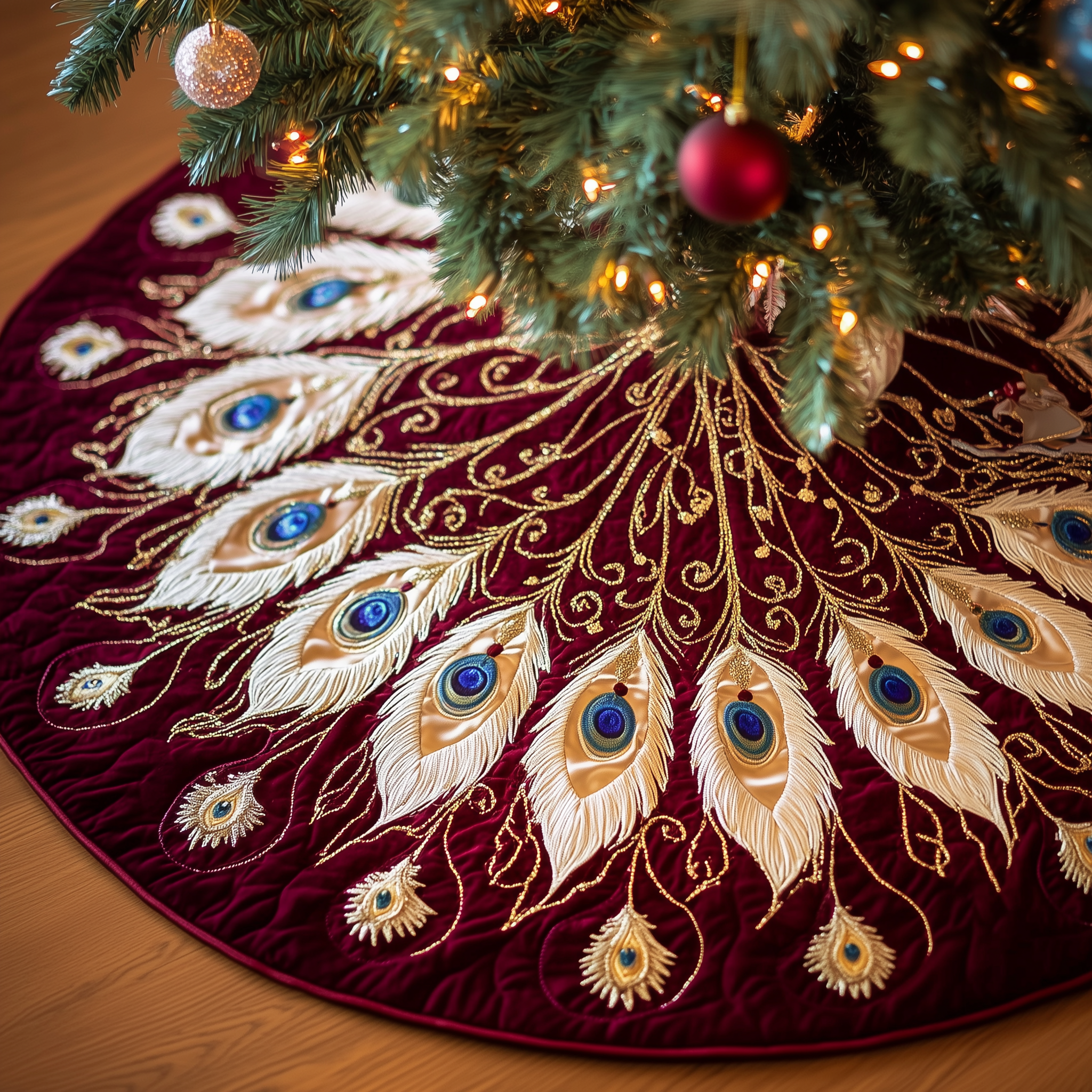 Shimmering Peacock Quilted Tree Skirt Heartwarming Family Gathering Merch