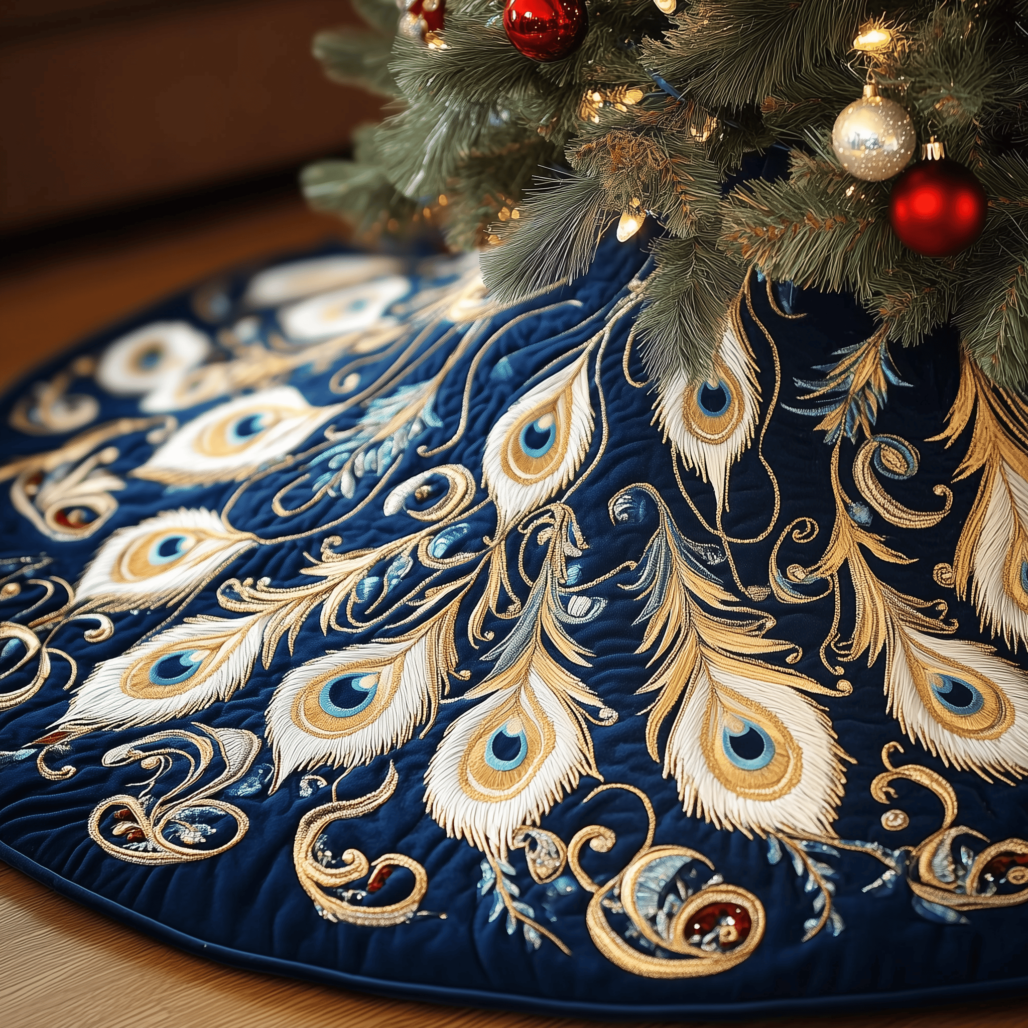 Shimmering Peacock Quilted Tree Skirt Indoor Tree Christmas Decorations Peacock Gifts For Her