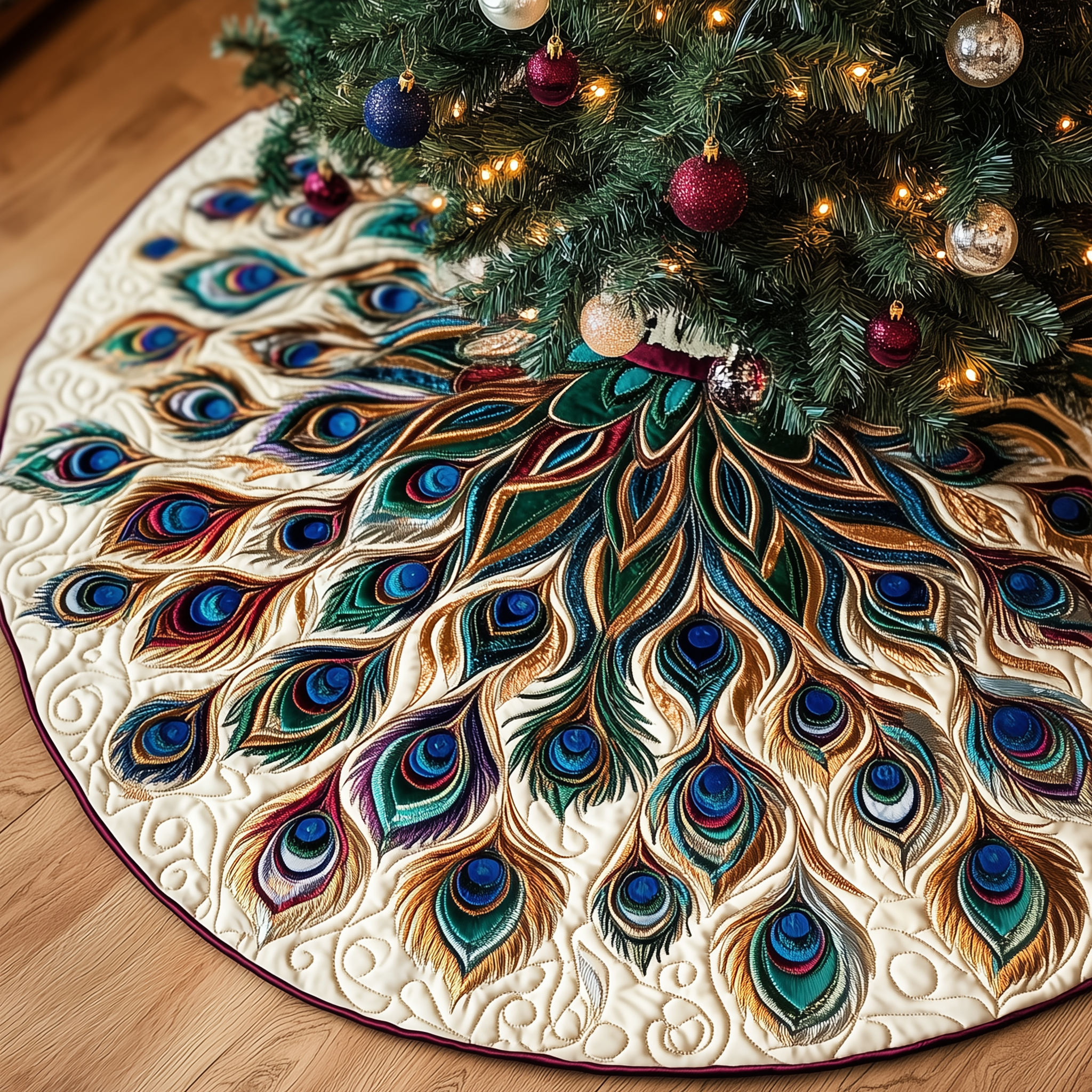 Shimmering Peacock Quilted Tree Skirt Joyful Home Merch Collection