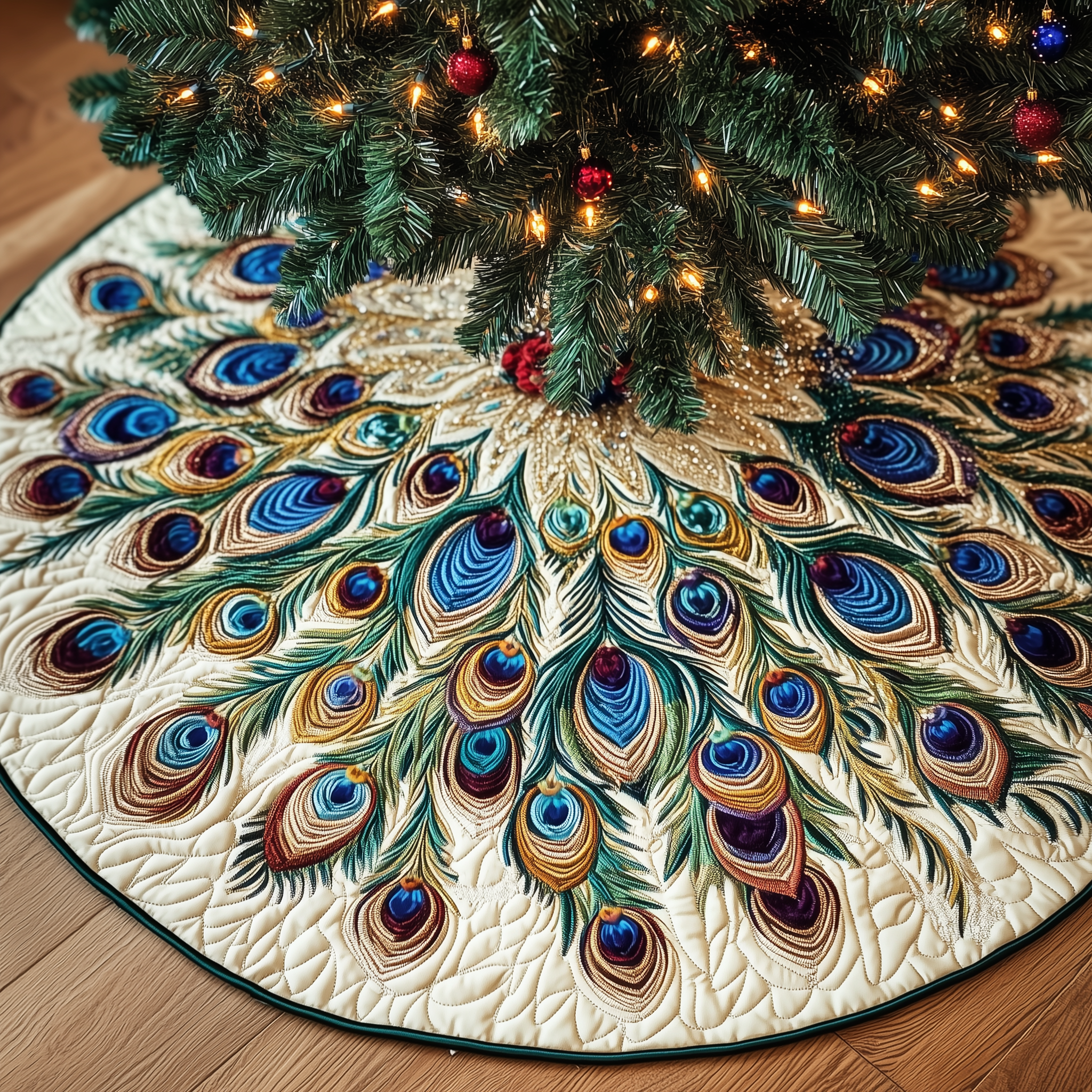 Shimmering Peacock Quilted Tree Skirt Magical Christmas Spirit Merch