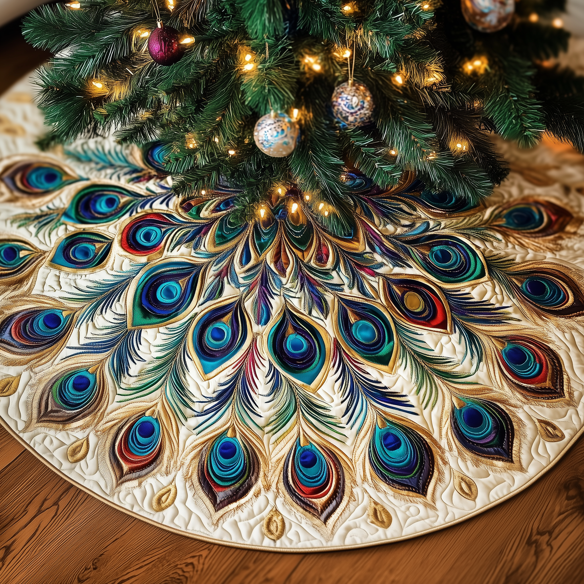 Shimmering Peacock Quilted Tree Skirt Stylish Holiday Decor Gift Merch