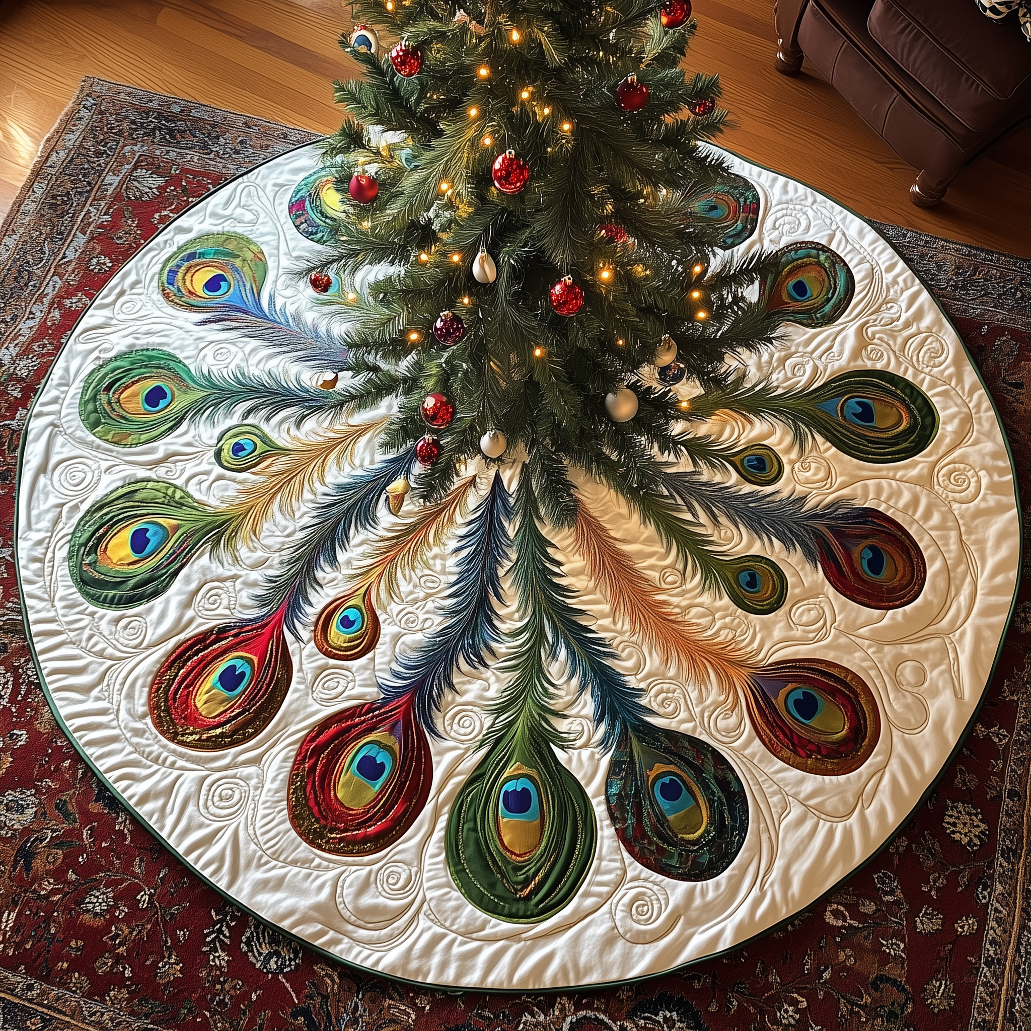 Shimmering Peacock Quilted Tree Skirt Thoughtful Gift Merch For Dad
