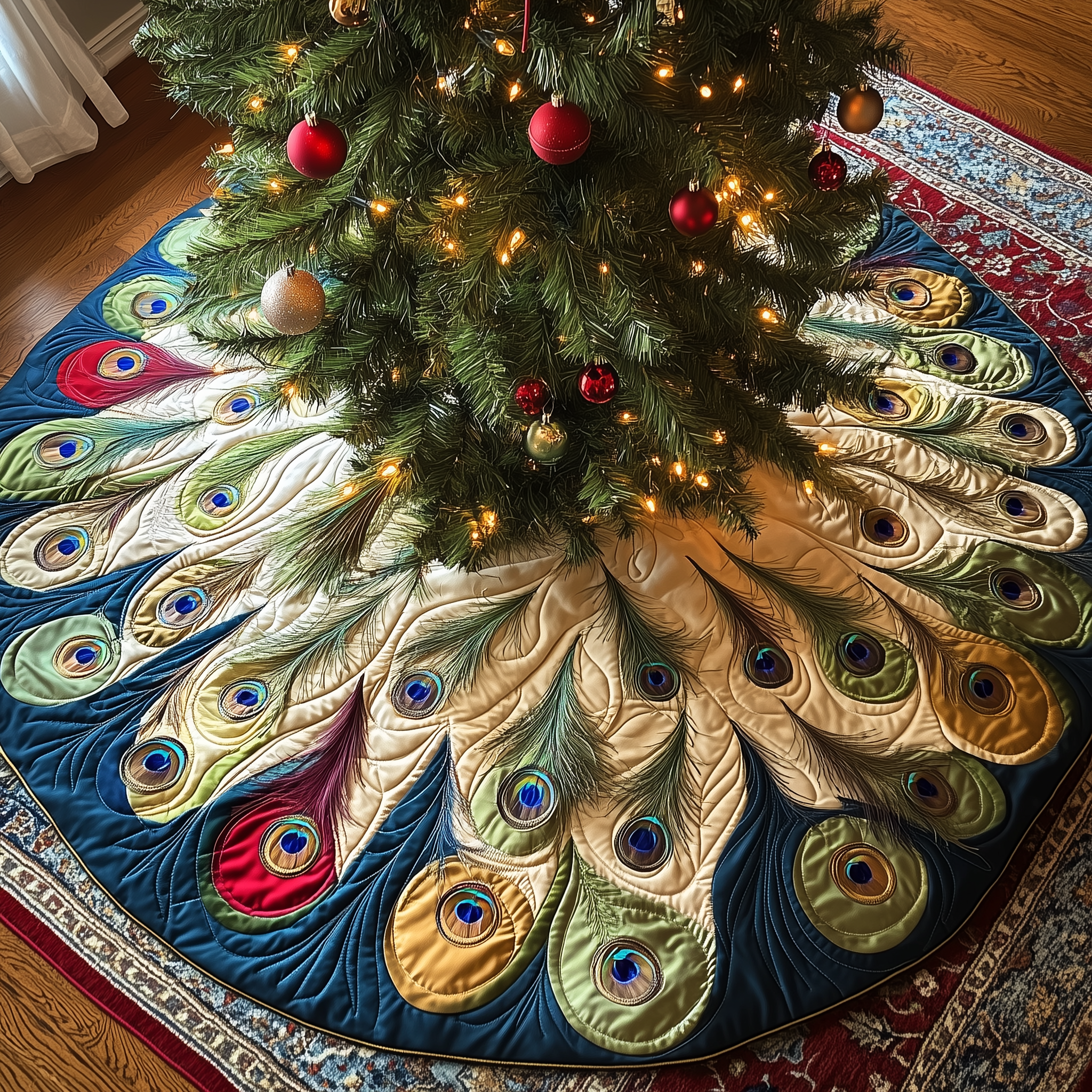 Shimmering Peacock Quilted Tree Skirt Unique Gift Merch For Friends