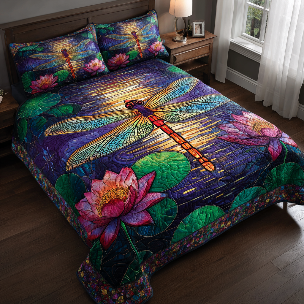 Shiny Dragonfly Quilted Bedding Set Cute Room Decor Birthday Presents For Dragonfly Lovers