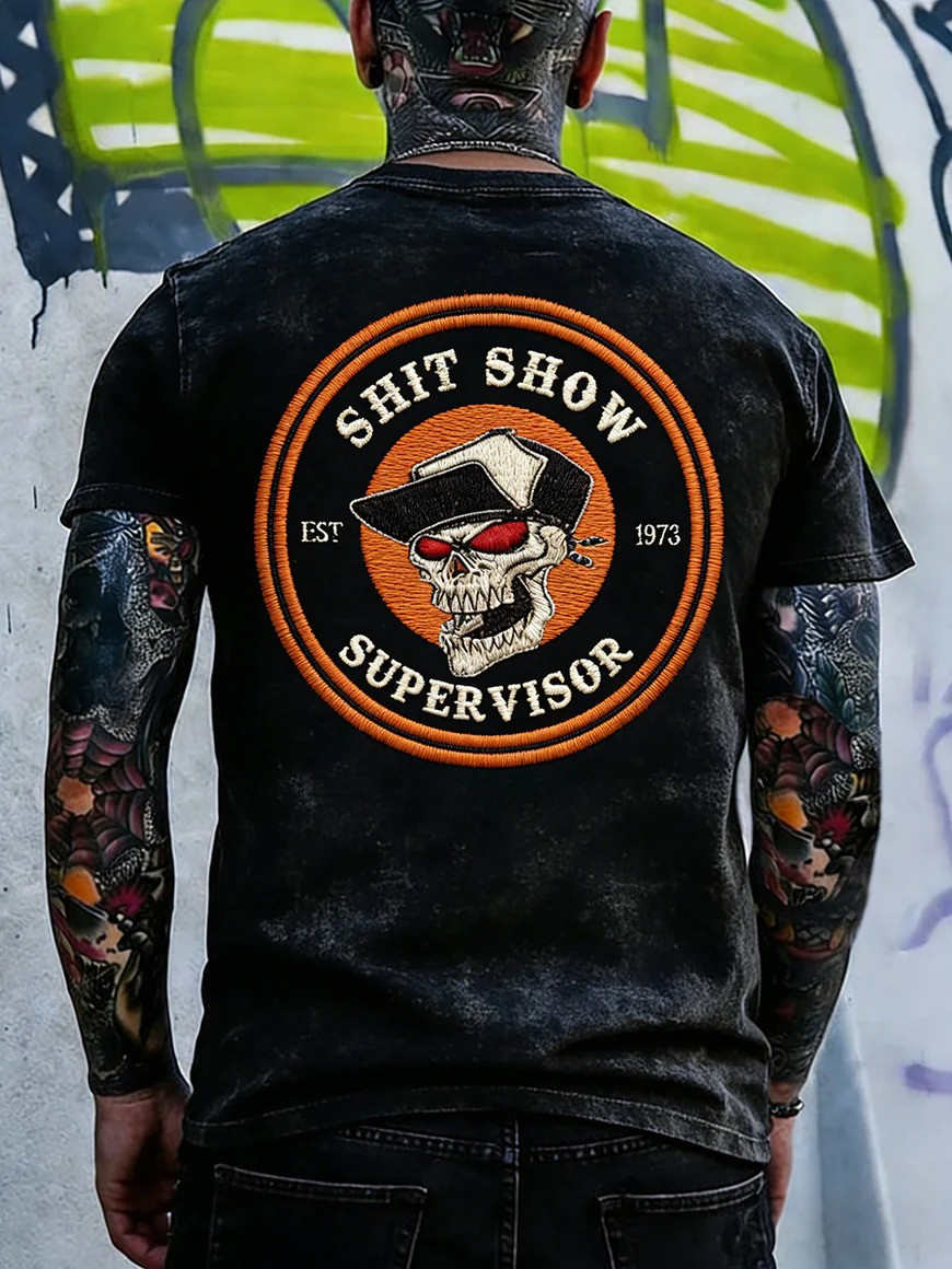 Shit Show Supervisor T-Shirt Est 1973 Skull Funny Old Man Graphic Tee Sarcastic Gift Ideas For Men