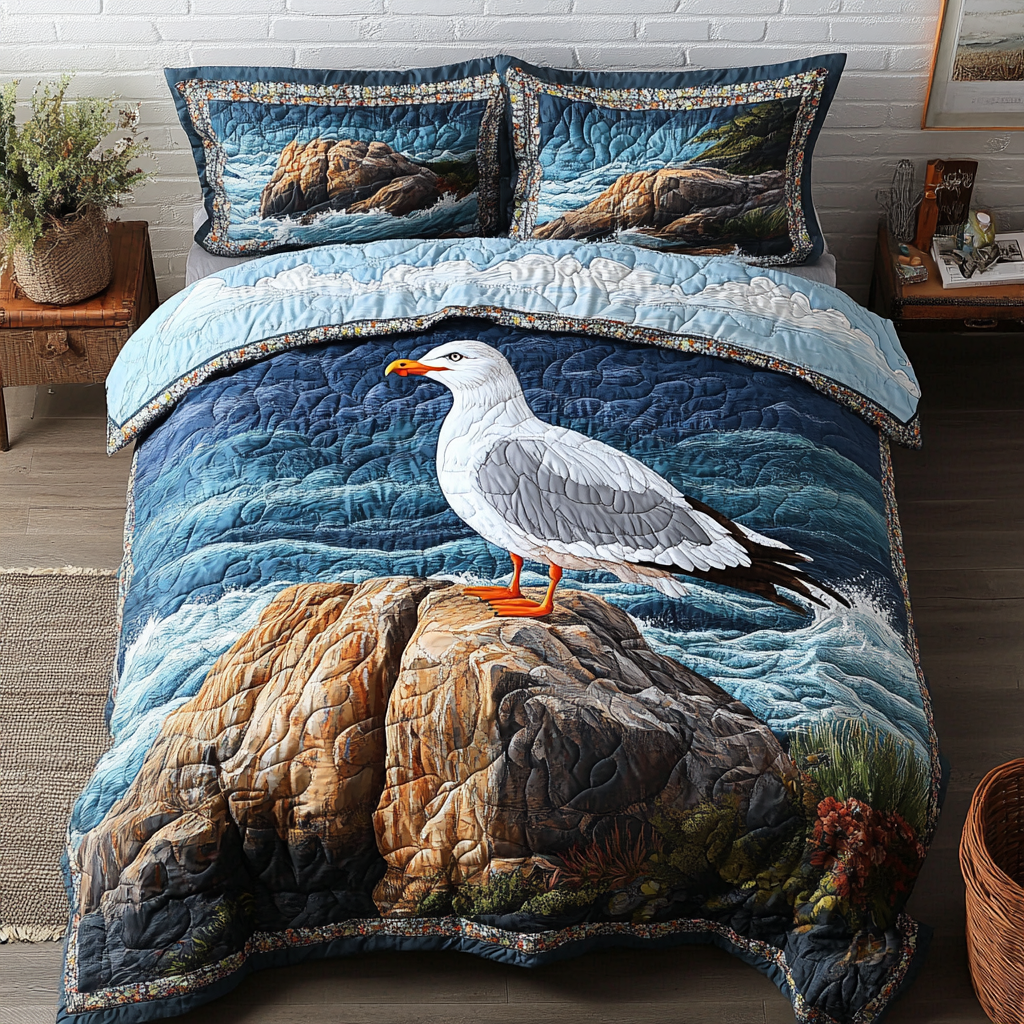 Shore Soar Quilted Bedding Set Bed Room Decoration Gifts For Seagull Lovers