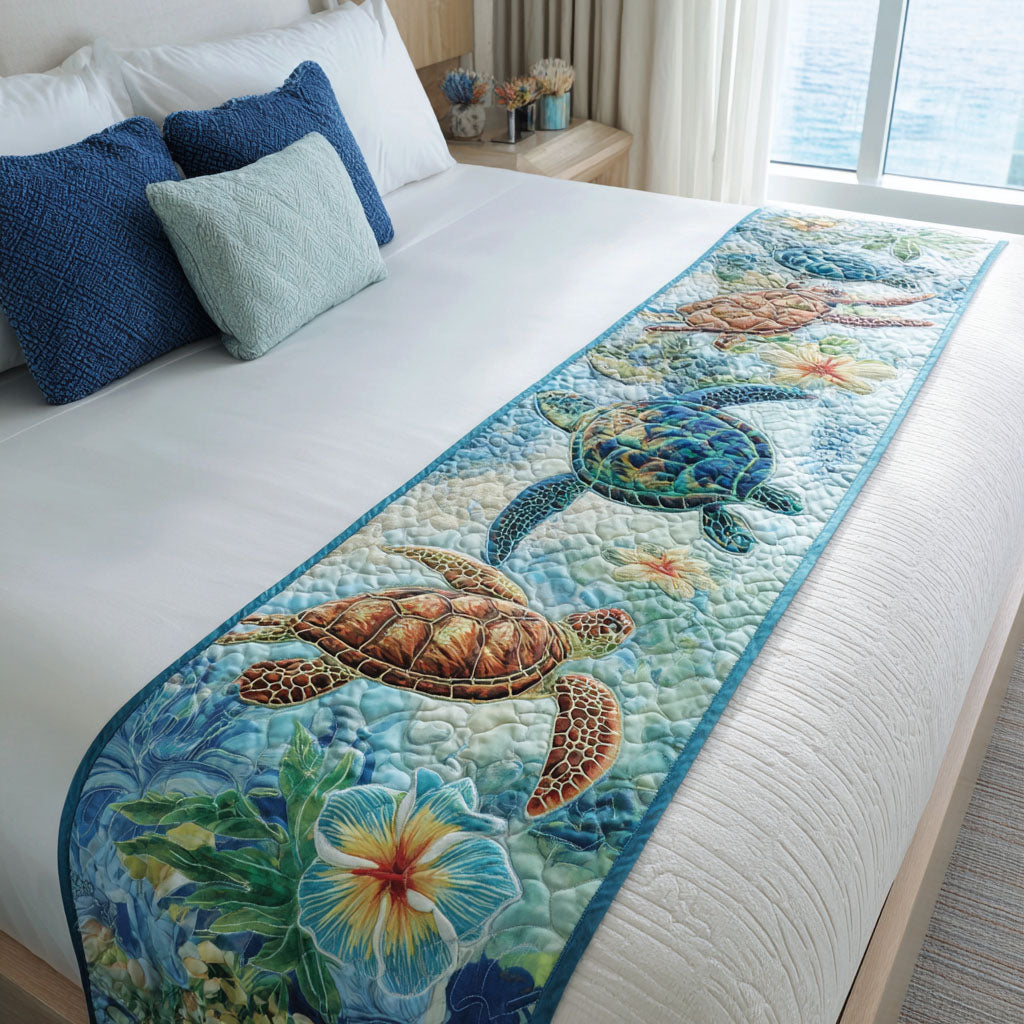 Shoreline Strider Quilted Bed Runner Cool Bedroom Decor Sea Turtle Merchandise
