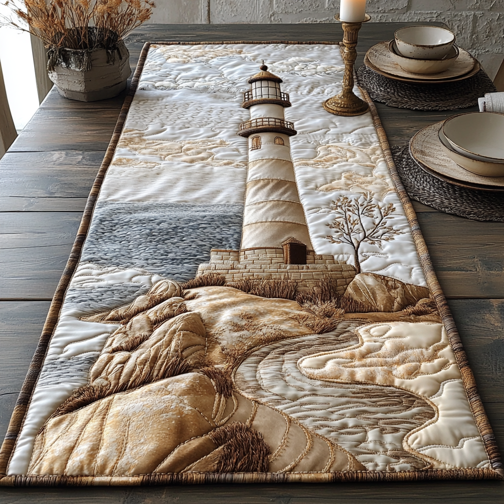 Shoreside Lantern Quilted Table Runner Dining Room Decor Lighthouse Gifts For Her