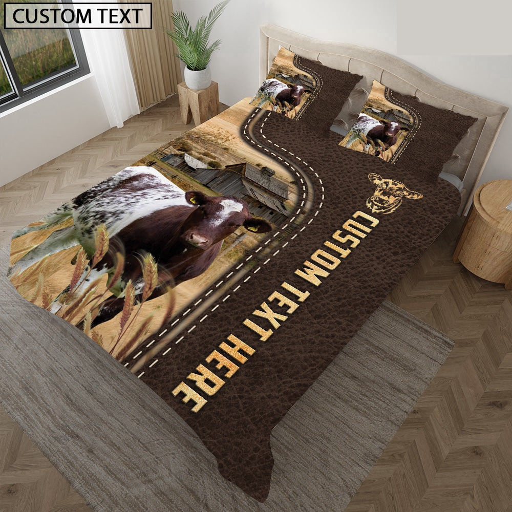 Shorthorn Custom Text Leather Pattern Bedding Set Farmhouse Bedding Set Couple Gifts