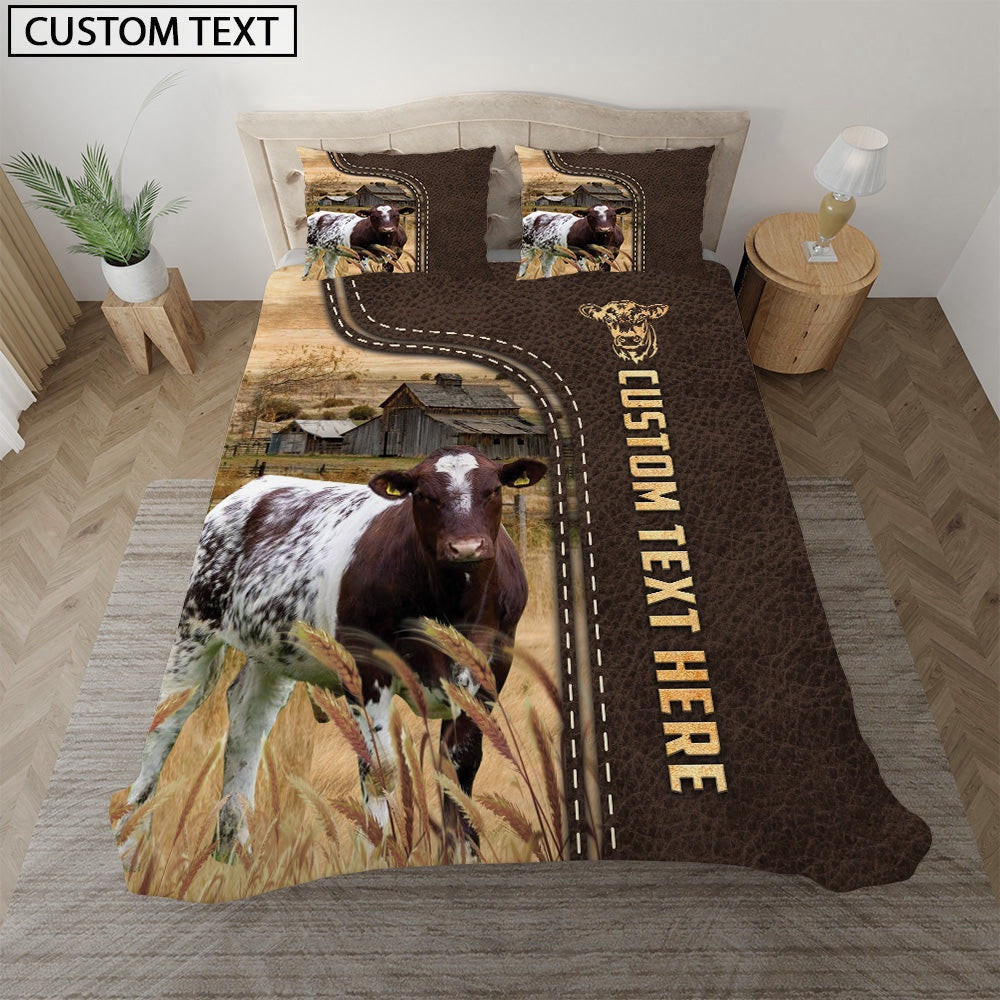 Shorthorn Custom Text Leather Pattern Bedding Set Farmhouse Bedding Set Couple Gifts