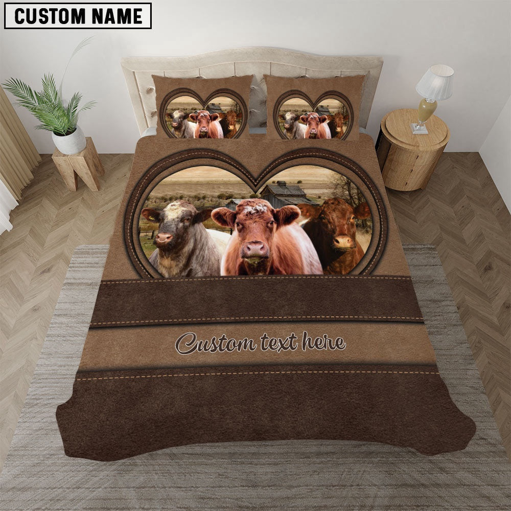 Shorthorn In Heart Custom Name Bedding Set Farmhouse Bedding Set Couple Gifts
