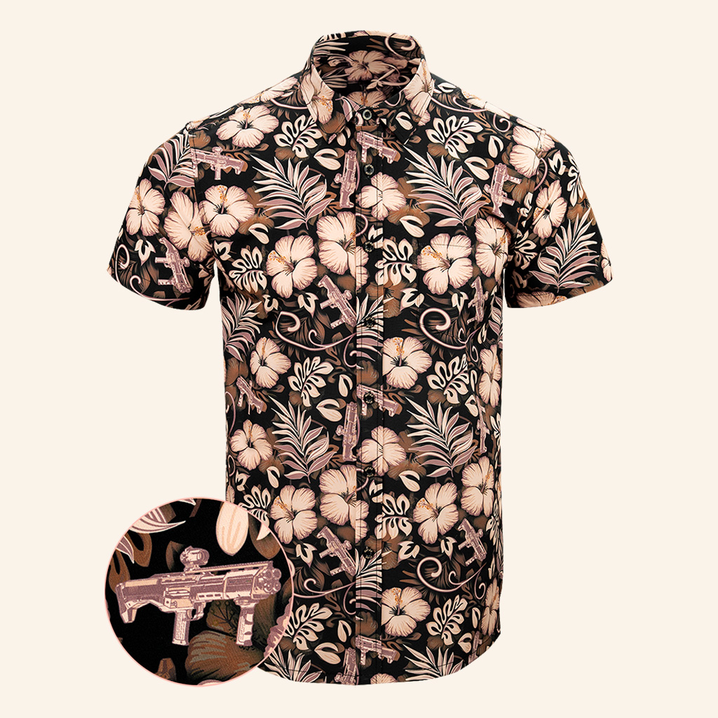 Shotgun Safari Tan Button Down Shirt Tactical Aloha Print Shirt Best Gifts For Son
