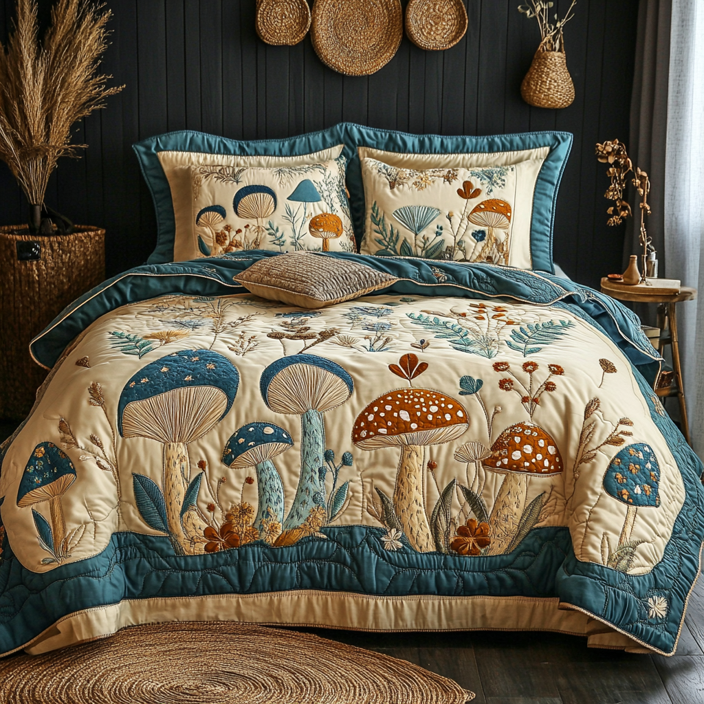 Shroom Garden Quilted Bedding Set Aesthetic Room Decor Best Gifts For Hippie Boyfriend