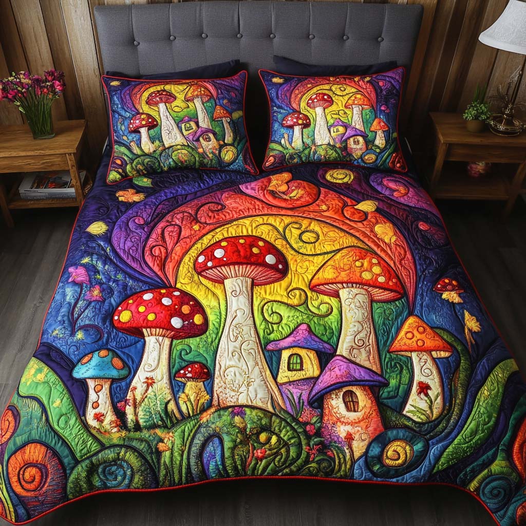 Shroomy Shelter Quilted Bedding Set Best Bedspread Set Gifts For Mushroom Hunters