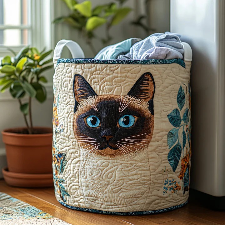 Siamese Cat Quilted Laundry Basket Floral Cat Portrait Storage Bin Best Gift For Cat Moms