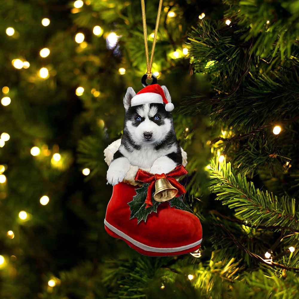 Siberian Husky 1 In Santa Boot Christmas Two Sided Ornament