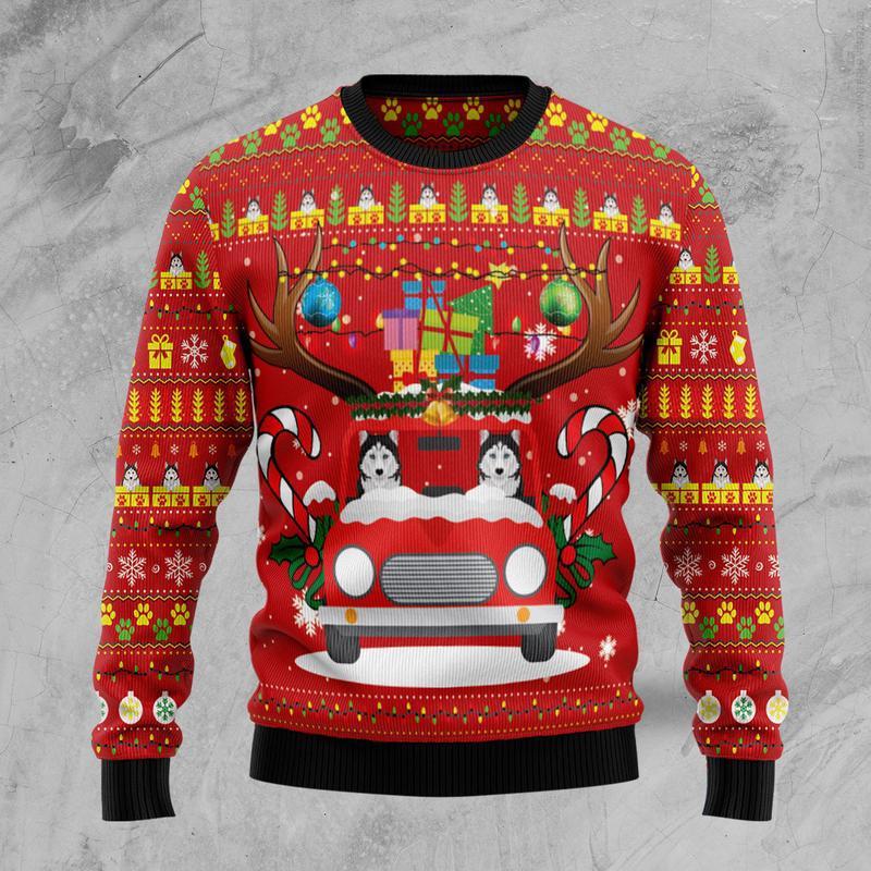 Siberian Husky Driving Car Ugly Christmas Sweater Funny Jumper Gifts For Husky Dog Lovers