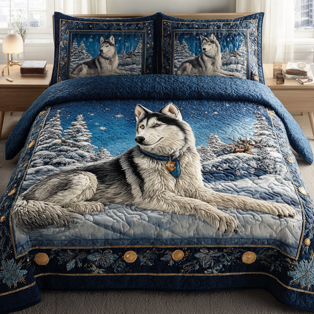Siberian Husky Love Quilted Bedding Set Xmas Holiday Duvet Cover Set Husky Dog Lover Gifts
