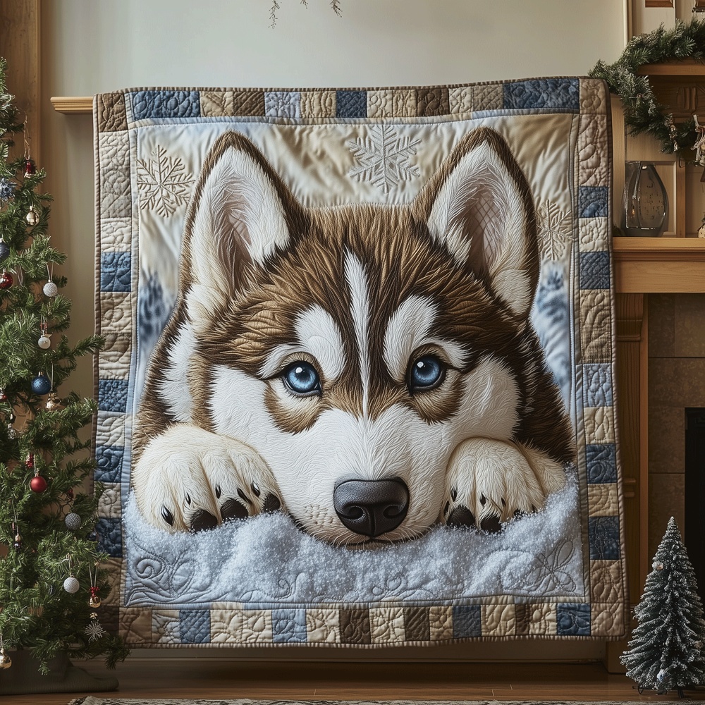 Siberian Husky Puppy In Snow Quilted Blanket Blue Eyes Dog Art Throw Best Gift For Husky Dog Owners