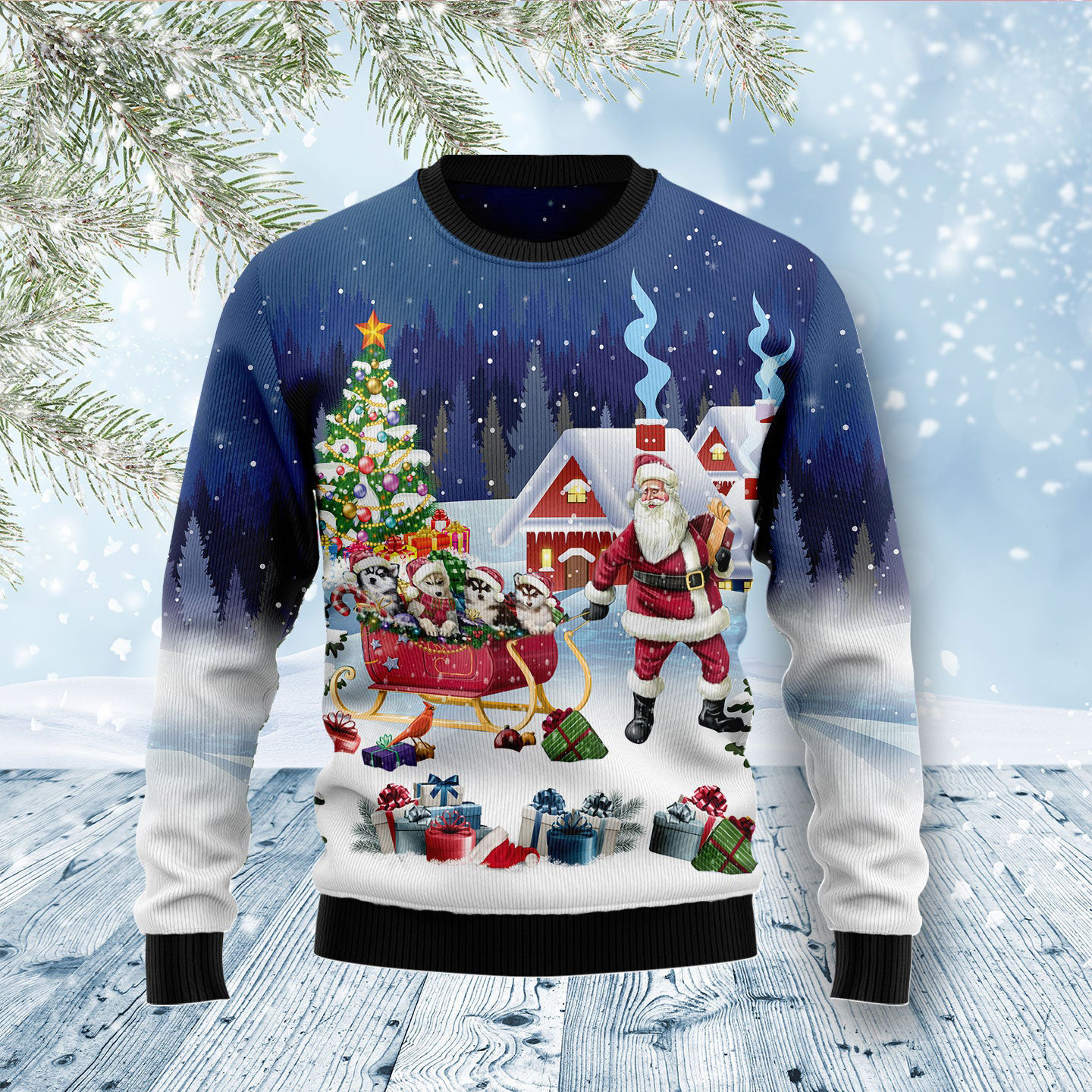 Siberian Husky Santa Sleigh Ugly Christmas Sweater Winter Clothing Xmas Ideal Gifts