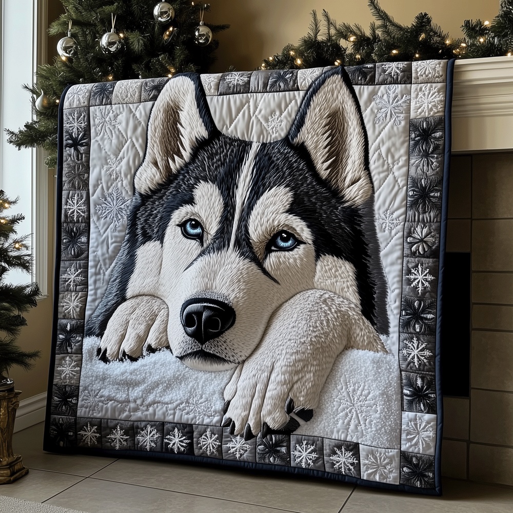 Siberian Husky Winter Quilted Blanket Blue Eyes Dog Snowflake Art Cozy Throw Best Gift For Husky Lovers