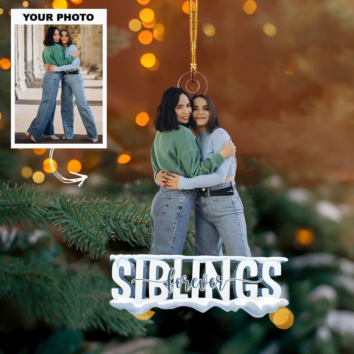 Siblings Forever Personalized Custom Photo Mica Ornament Christmas Gift For Siblings