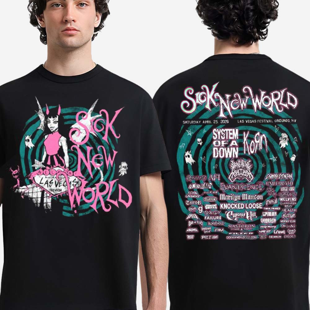 Sick New World 2026 Festival Lineup T-Shirt System Of A Down Korn Sick New World Gear