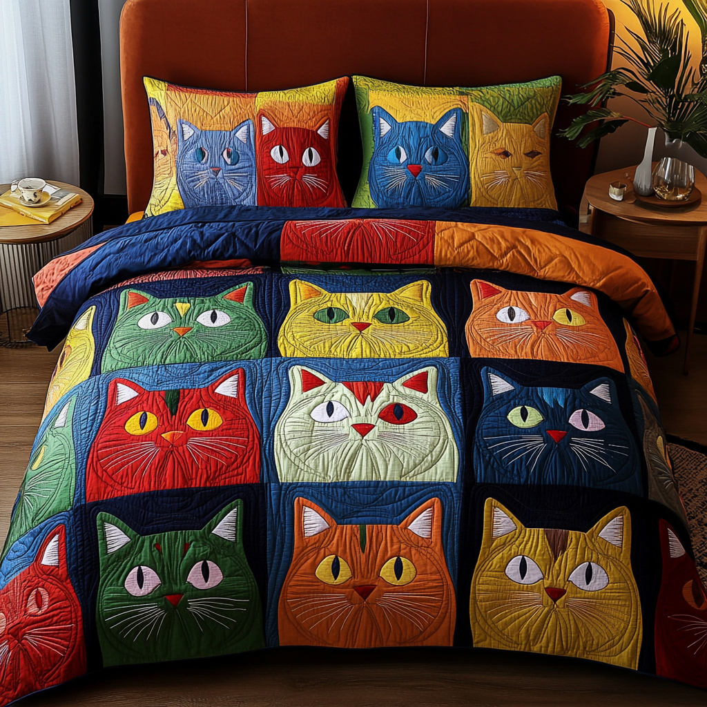 Silent Cat Quilted Bedding Set Cozy Bedroom Decor Christmas Gifts For Cat Owners
