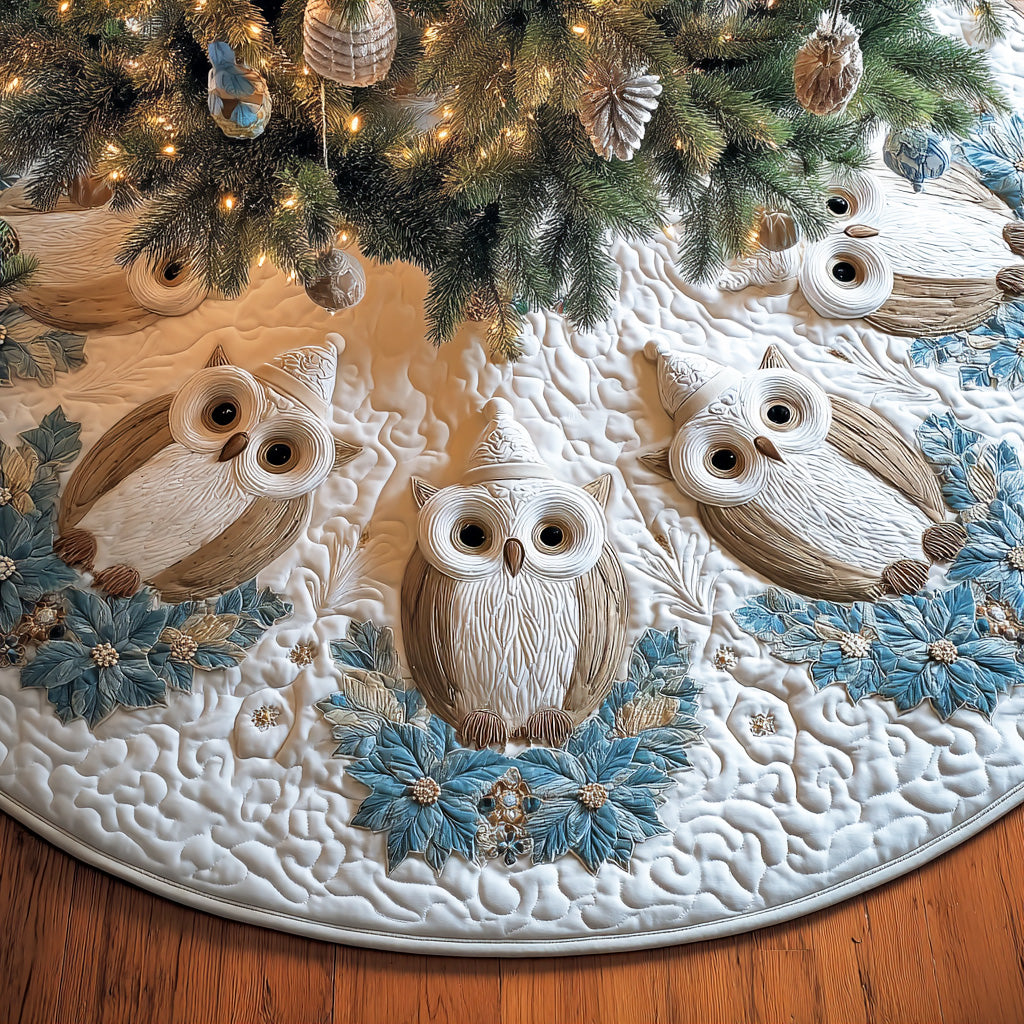 Silent Flight Christmas Quilted Tree Skirt Xmas Home Decor Gifts For Owl Lovers